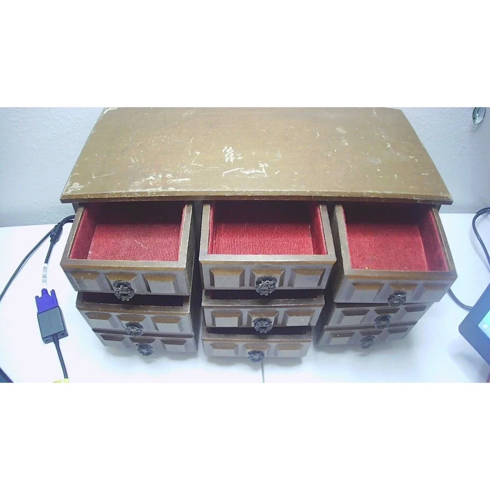 Apco 7 Drawer Dresser Style Jewelry Music Box Vintage Red Velvet Lined Drawers